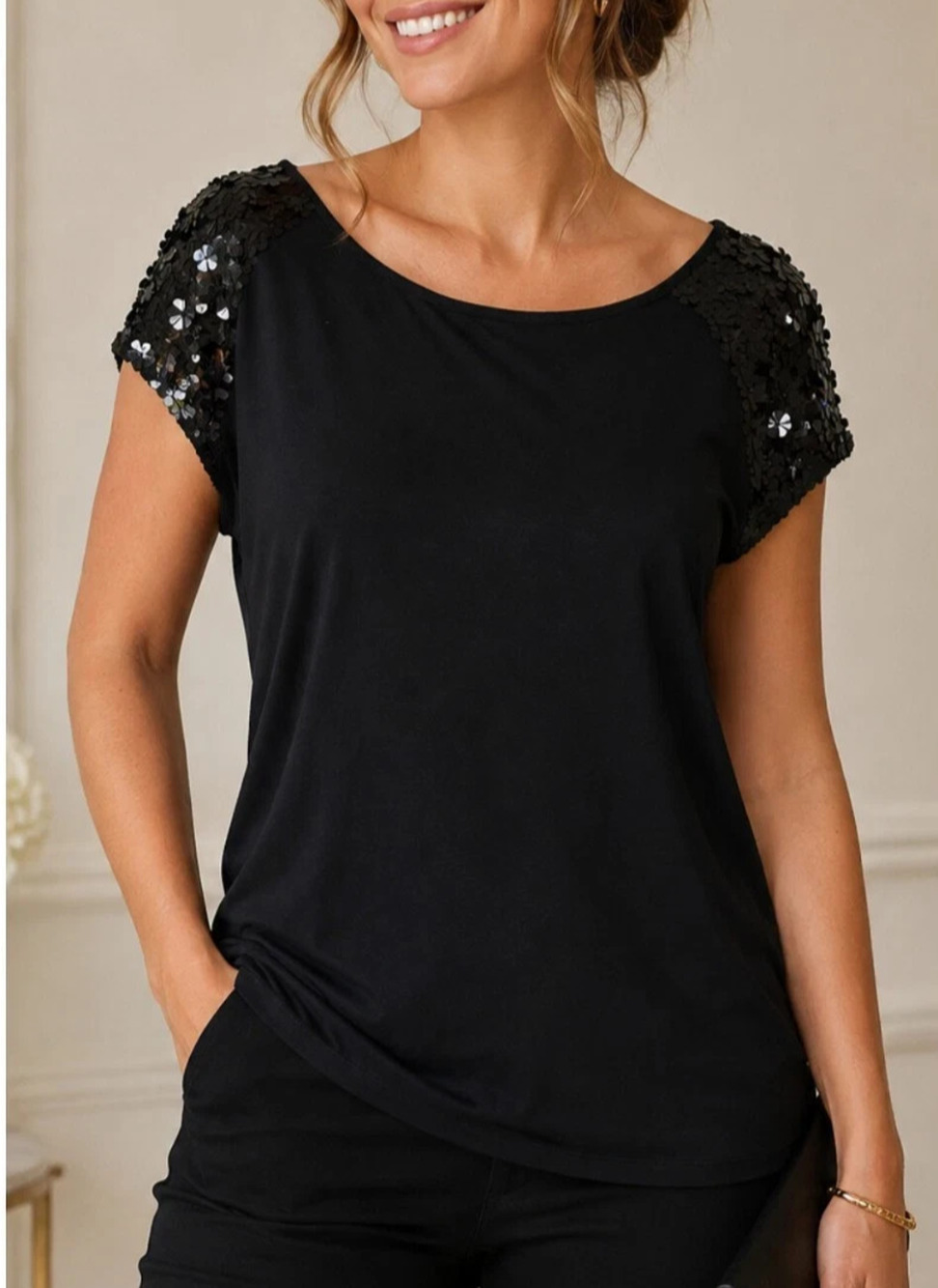 Ted Baker Carona Top Blouse T Shirt Sequin Shoulders Black Scoop Neck 1 0 2 XS
